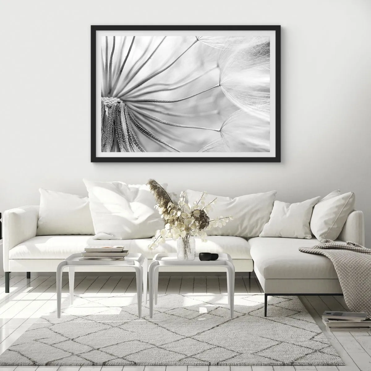Affiche dans un cadre noir - Poster - Pissenlits délicats dans des tons noir et blanc - 70x50cm - Aigrette avant son envol - Décoration murale moderne pour le salon et la chambre ARTTOR