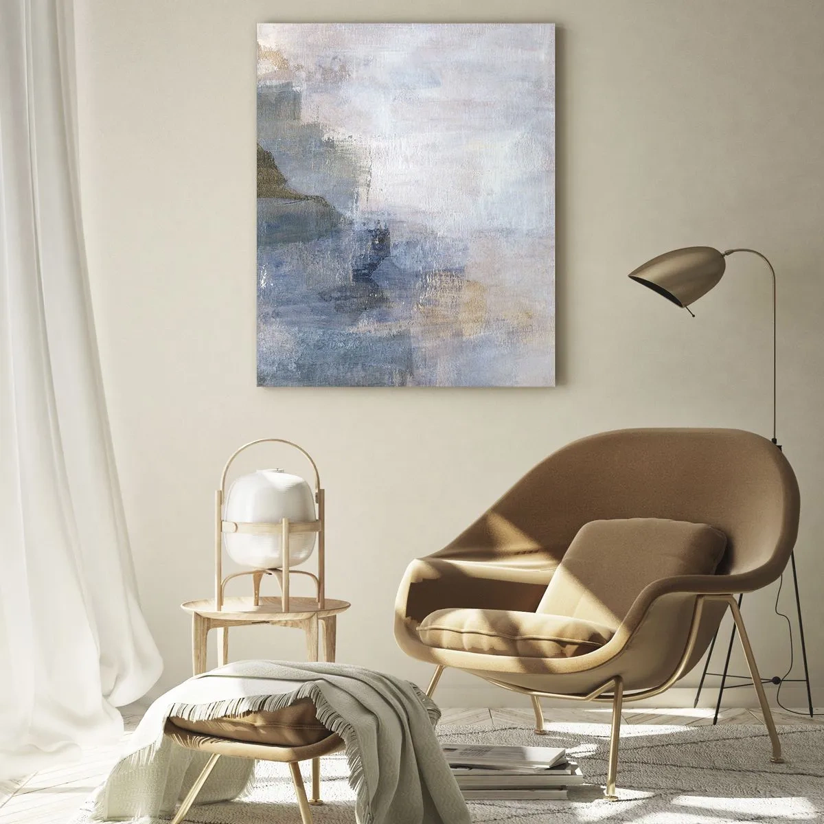 Impression sur verre - Image sur verre - Taches abstraites subtiles dans des tons de bleu et de beige - 80x120cm - Tonalités et accords de couleur - Décoration murale moderne pour le salon et la chambre ARTTOR