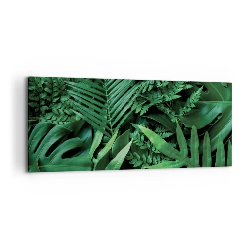 Impression sur toile - Image sur toile - Feuilles tropicales vertes dans une composition dense et naturelle - 120x50cm - Emmitouflé de verdure - Décoration murale moderne pour le salon et la chambre ARTTOR
