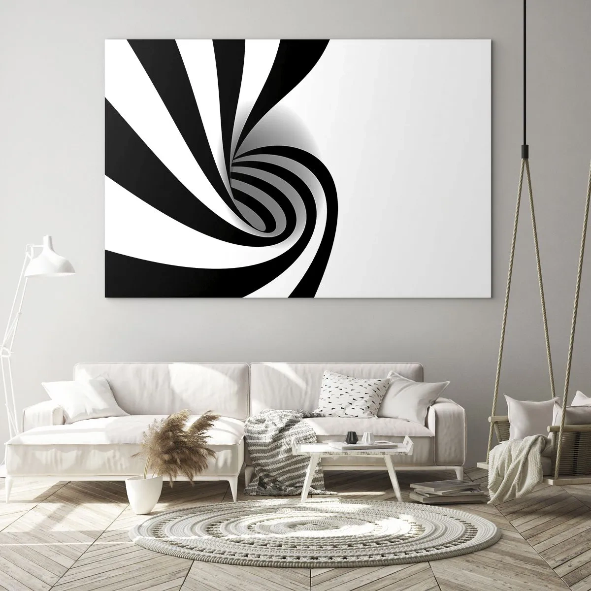 Impression sur verre - Image sur verre - Spirale abstraite en noir et blanc avec une forme dynamique - 120x80cm - Et pourtant ça tourne - Décoration murale moderne pour le salon et la chambre ARTTOR