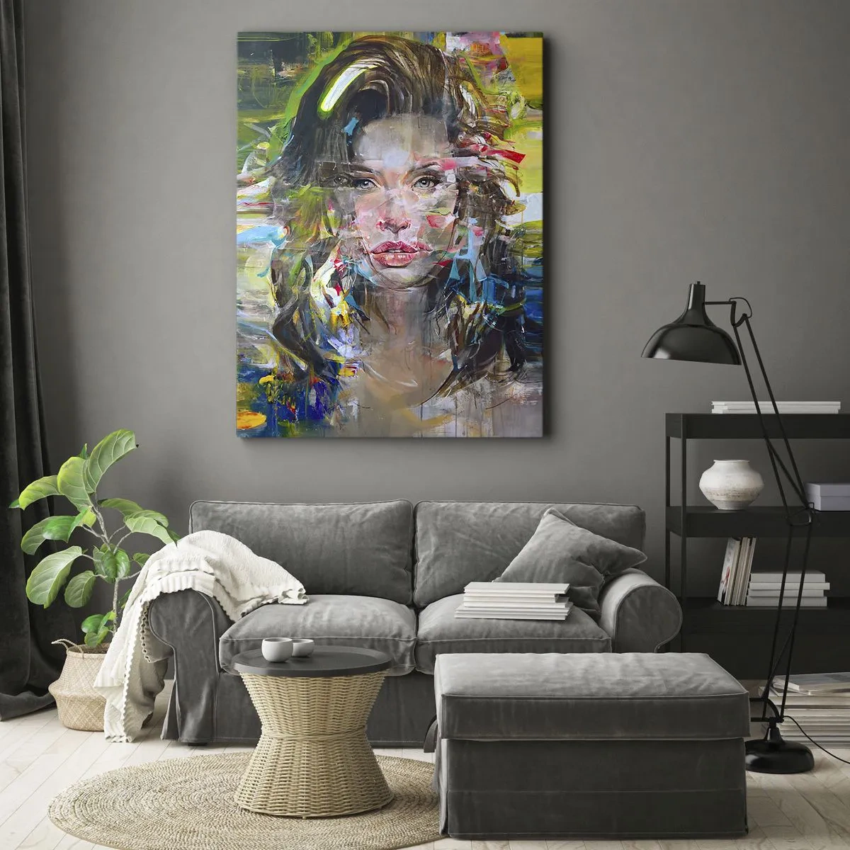 Impression sur toile - Image sur toile - Portrait abstrait d'une femme aux couleurs intenses - 70x100cm - Derrière l'air, un rideau - Décoration murale moderne pour le salon et la chambre ARTTOR