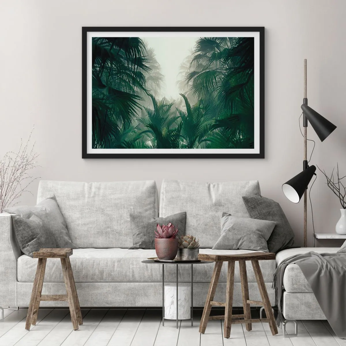 Affiche dans un cadre noir - Poster - Végétation tropicale dans un épais brouillard de forêt tropicale - 70x50cm - Secret tropical - Décoration murale moderne pour le salon et la chambre ARTTOR
