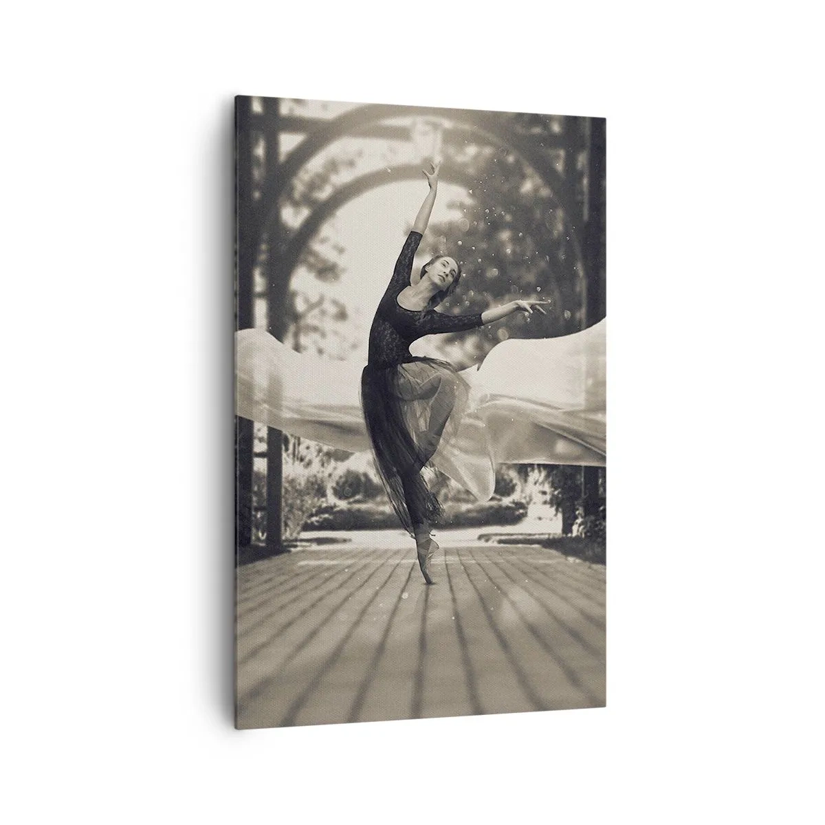Impression sur toile - Image sur toile - Une danseuse vêtue d'une robe fluide exécute un saut sur fond de jardin noir et blanc. - 80x120cm - La danse de l'esprit jardin - Décoration murale moderne pour le salon et la chambre ARTTOR