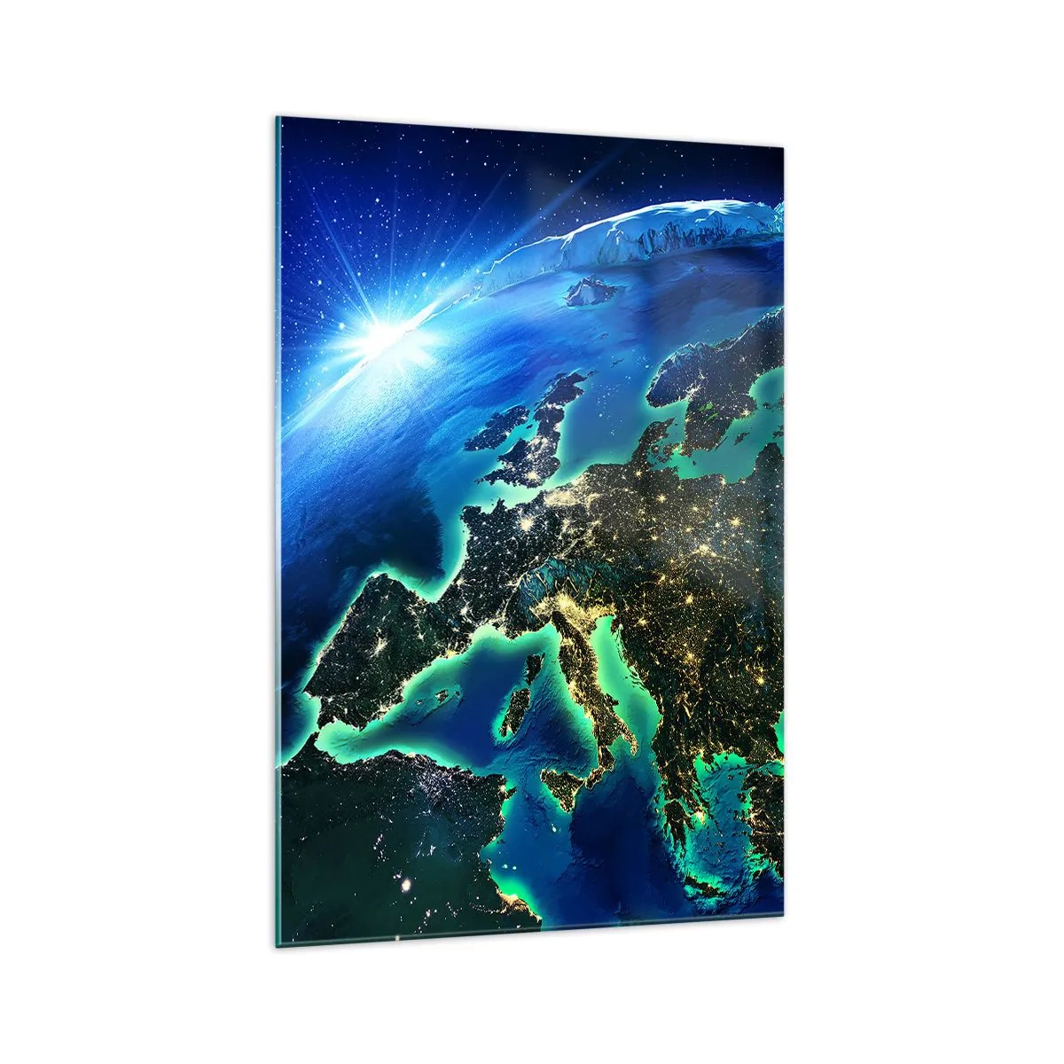 Impression sur verre - Image sur verre - Une vue d'Europe depuis l'espace à la lueur du soleil levant. - 70x100cm - Europe pétillante - Décoration murale moderne pour le salon et la chambre ARTTOR