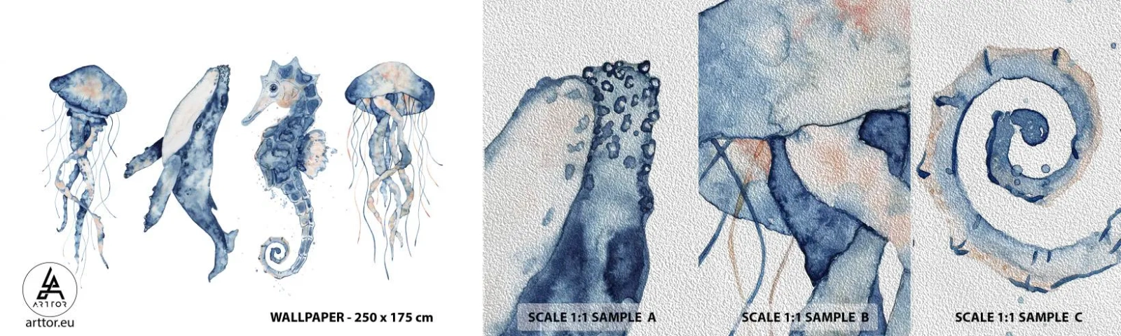 Échantillon de Papier Peint Premium Sand - Merveilles de la mer - Animaux marins, hippocampe, Méduse - 100x30 cm