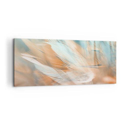 Impression sur toile - Image sur toile - Plumes délicates dans des tons pastel de bleu et d'orange - 120x50cm - Au pays de la douceur - Décoration murale moderne pour le salon et la chambre ARTTOR