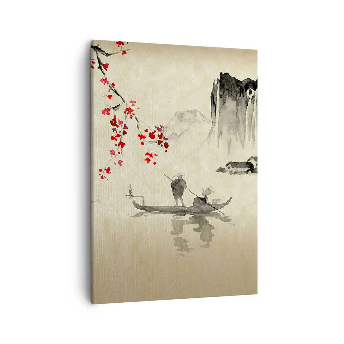 Impression sur toile - Image sur toile - Illustration orientale avec un bateau et une branche fleurie - 50x70cm - Au pays des cerisiers en fleurs - Décoration murale moderne pour le salon et la chambre ARTTOR