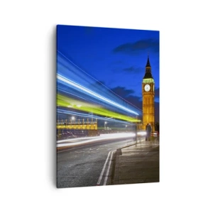 Impression sur toile - Image sur toile - Big Ben la nuit avec l'effet des lumières dans la circulation routière - 50x70cm - Sous l'œil de Big Ben - Décoration murale moderne pour le salon et la chambre ARTTOR
