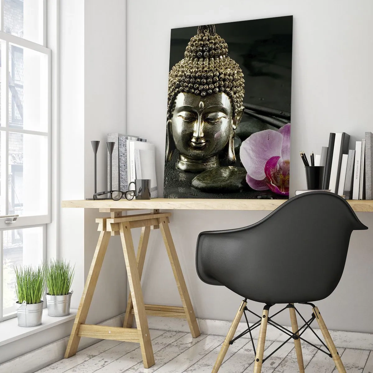 Impression sur verre - Image sur verre - Une statuette de Bouddha avec une orchidée et des baguettes sur un fond de pierres - 70x100cm - Harmonie de la sagesse et de la beauté - Décoration murale moderne pour le salon et la chambre ARTTOR