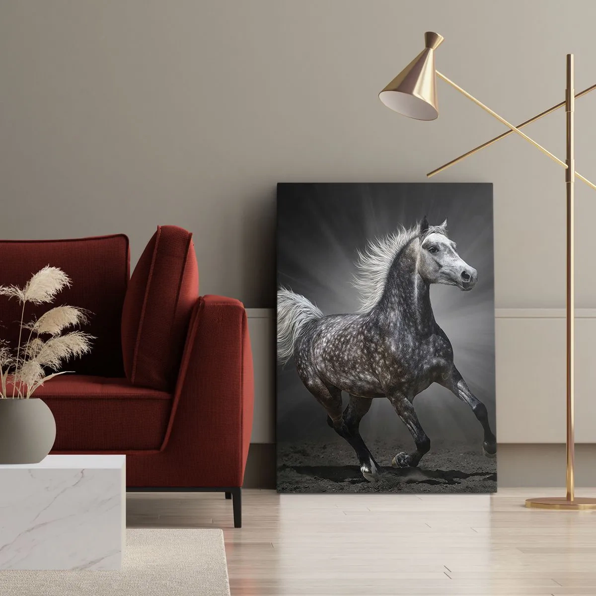Impression sur toile - Image sur toile - Un cheval blanc galopant sur un fond sombre - 80x120cm - Le gris est beau - Décoration murale moderne pour le salon et la chambre ARTTOR