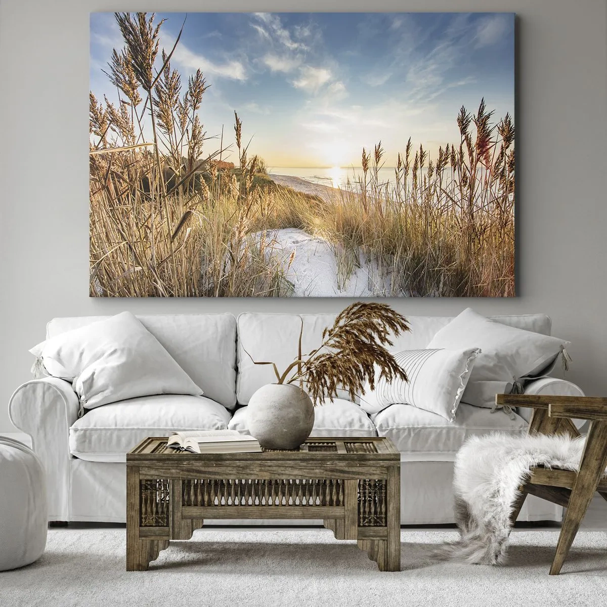 Impression sur toile - Image sur toile - Une plage pittoresque avec de l'herbe et le soleil couchant - 100x70cm - Plage du nord - Décoration murale moderne pour le salon et la chambre ARTTOR