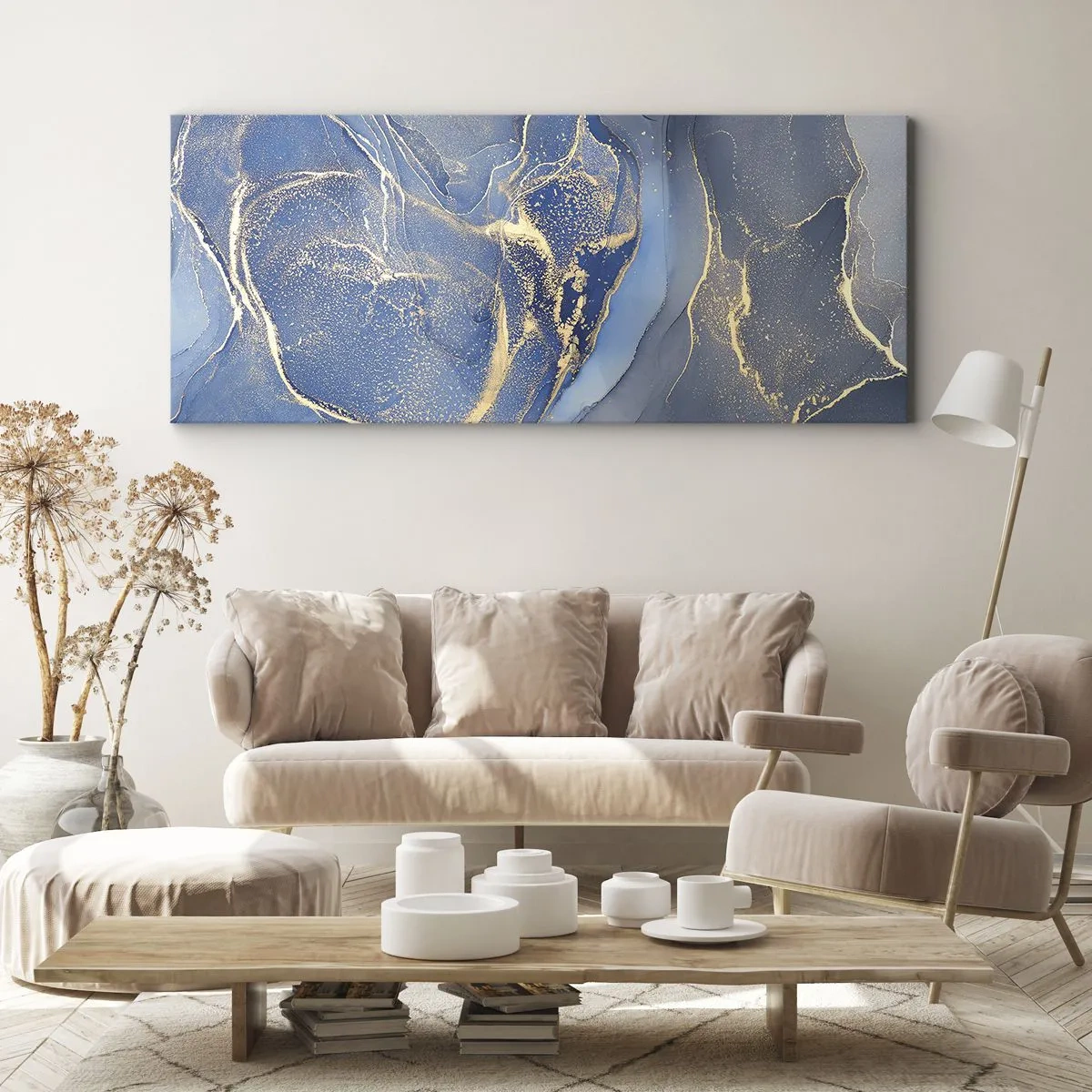 Impression sur toile - Image sur toile - Motifs bleus abstraits avec des accents dorés - 120x50cm - Poussière d'or - Décoration murale moderne pour le salon et la chambre ARTTOR