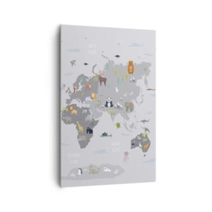 Impression sur toile - Image sur toile - Une carte du monde avec des illustrations d'animaux sur fond gris - 80x120cm - Dis-moi d'où tu viens... - Décoration murale moderne pour le salon et la chambre ARTTOR