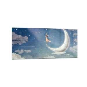 Impression sur verre - Image sur verre - Une femme dans la lune entourée d'étoiles et de nuages - 120x50cm - Valise bleue - Décoration murale moderne pour le salon et la chambre ARTTOR