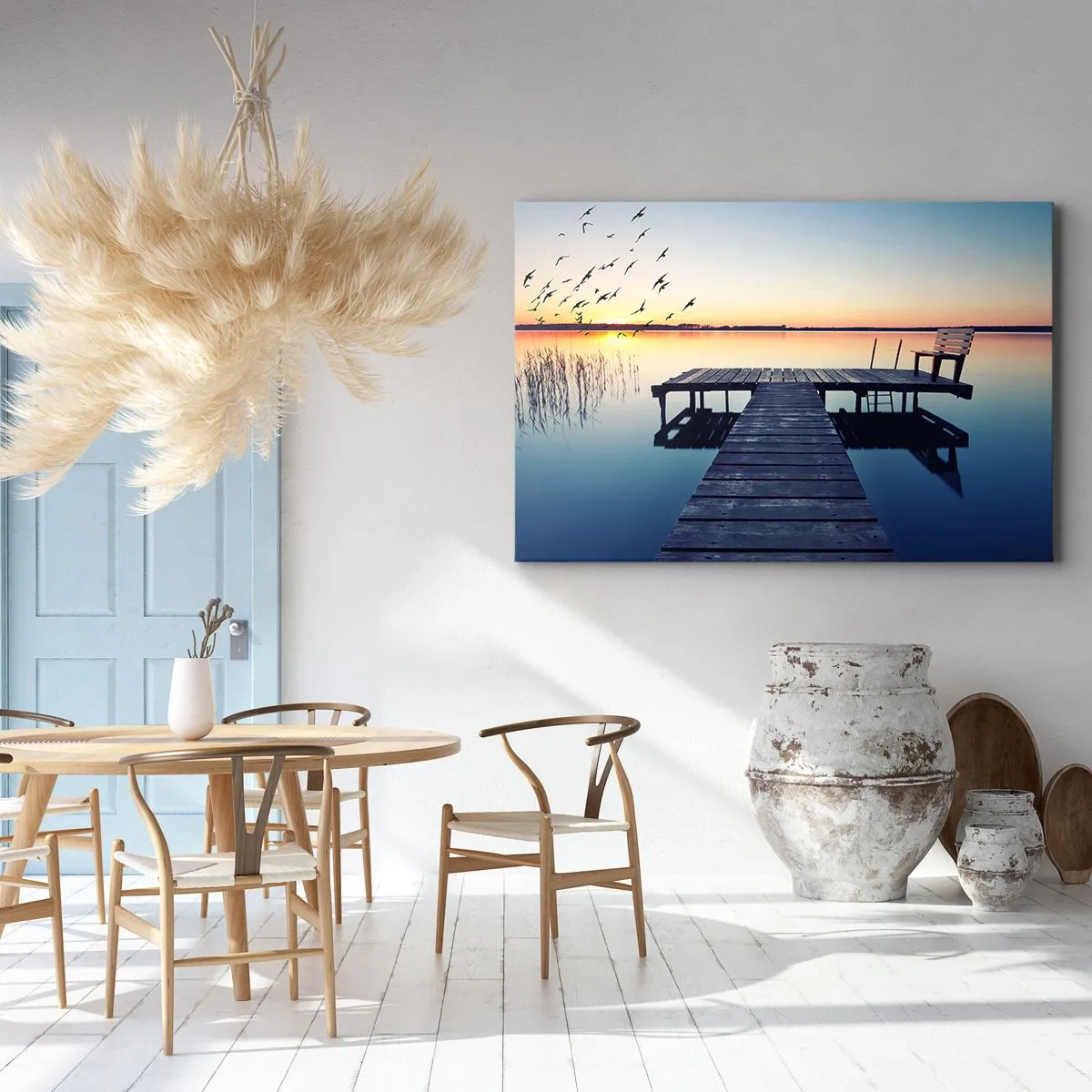Impression sur toile - Image sur toile - Jetée en bois sur un lac au lever du soleil avec des oiseaux - 100x70cm - C'était une bonne journée - Décoration murale moderne pour le salon et la chambre ARTTOR