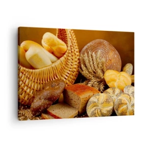 Impression sur toile - Image sur toile - Différents pains dans un panier en osier sur fond doré - 70x50cm - On s'en est encore sorti - Décoration murale moderne pour le salon et la chambre ARTTOR