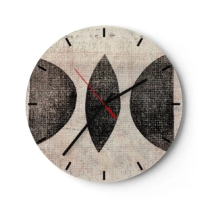 Horloge murale - Pendule murale - Formes géométriques noires sur fond beige avec une texture en lin. - 30x30cm - Abstraction ethnique - Décoration murale moderne pour le salon, la cuisine et la chambre ARTTOR