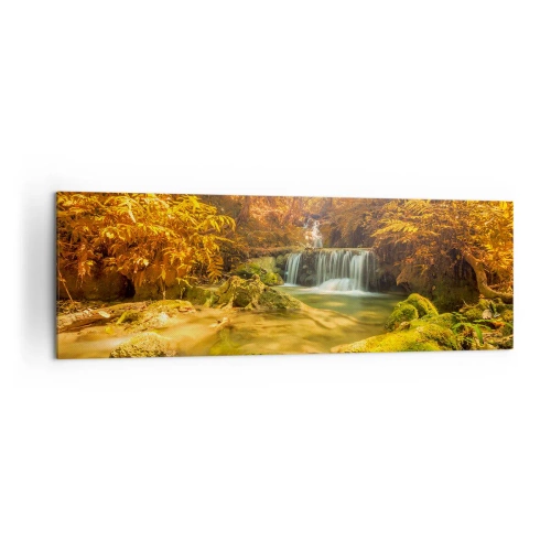 Impression sur toile - Image sur toile - Une cascade dorée dans une forêt d'automne entourée de verdure - 160x50cm - Cascade de forêt en or - Décoration murale moderne pour le salon et la chambre ARTTOR