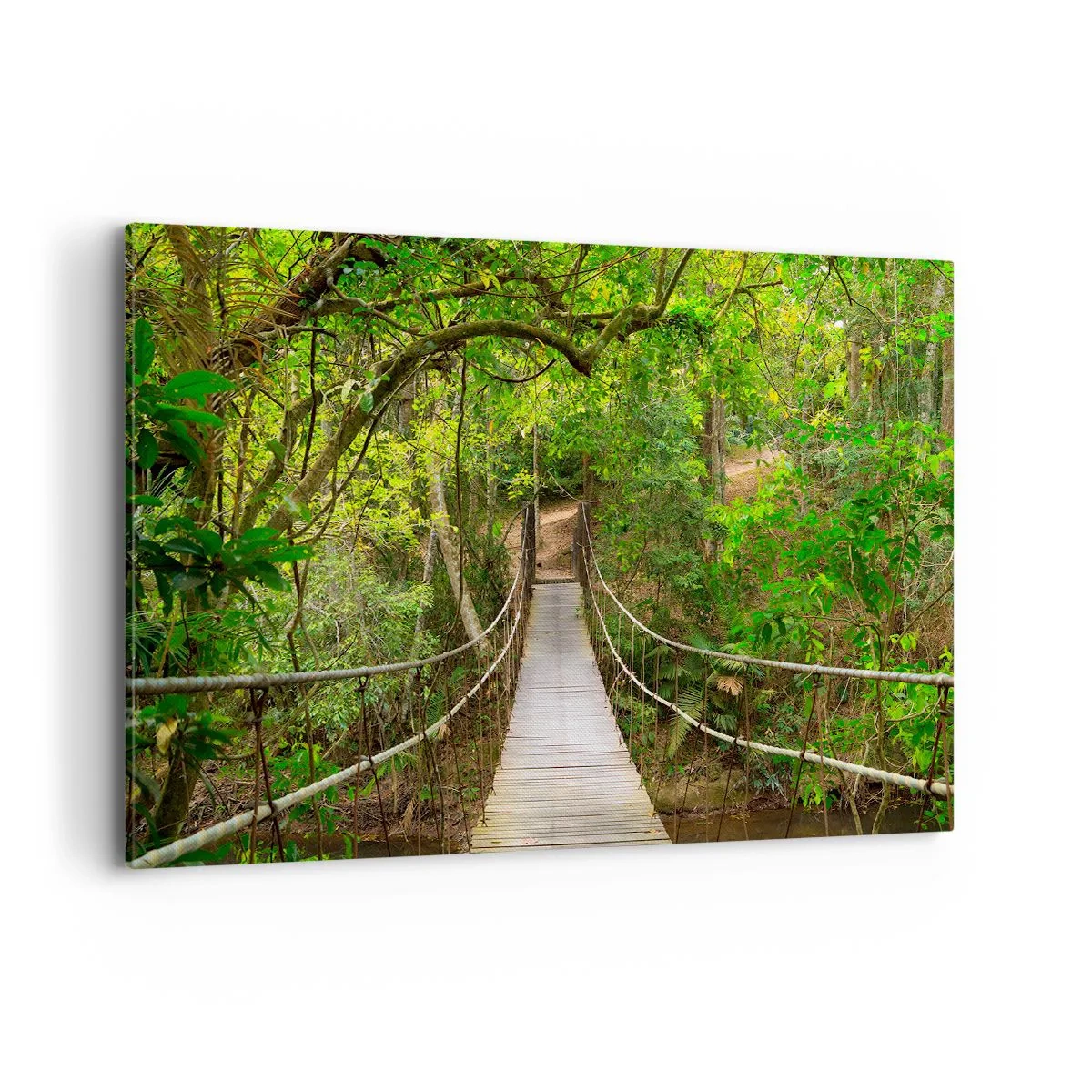 Impression sur toile - Image sur toile - Un pont suspendu entouré d'une forêt tropicale verte - 120x80cm - Parce qu'il y a une plante grimpante dans le jardin - Décoration murale moderne pour le salon et la chambre ARTTOR