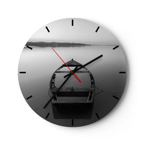 Horloge murale - Pendule murale - Un bateau solitaire sur un lac calme en noir et blanc. - 30x30cm - Nostalgie et mélancolie - Décoration murale moderne pour le salon, la cuisine et la chambre ARTTOR