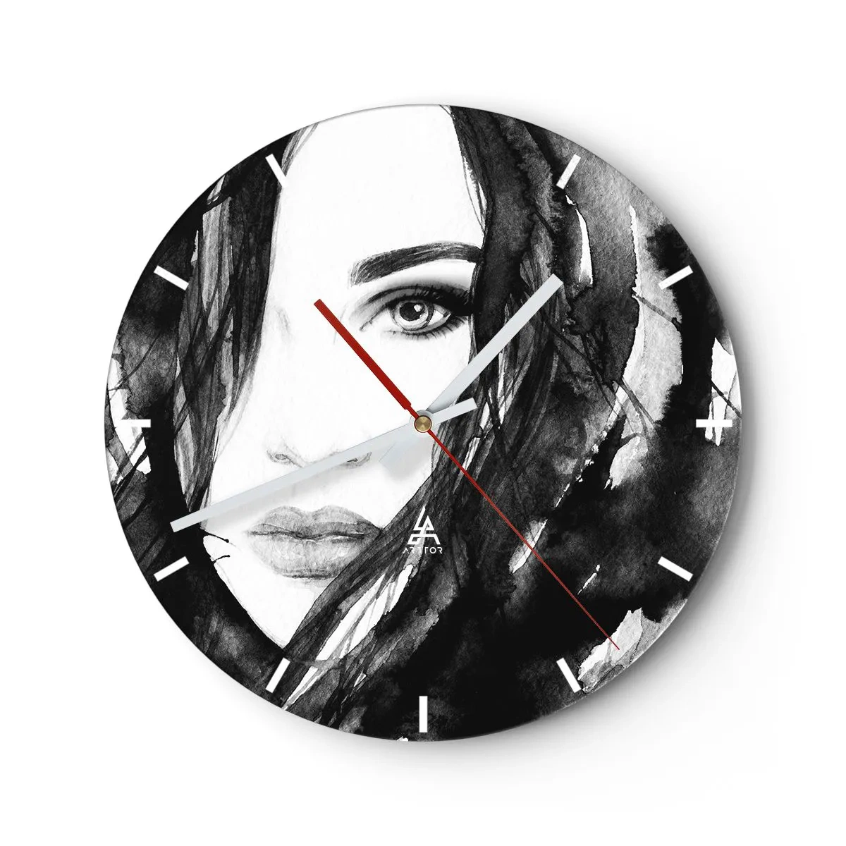 Horloge murale - Pendule murale - Portrait d'une femme en noir et blanc avec un style aquarelle - 30x30cm - Portrait d'une dame en noir et blanc - Décoration murale moderne pour le salon, la cuisine et la chambre ARTTOR