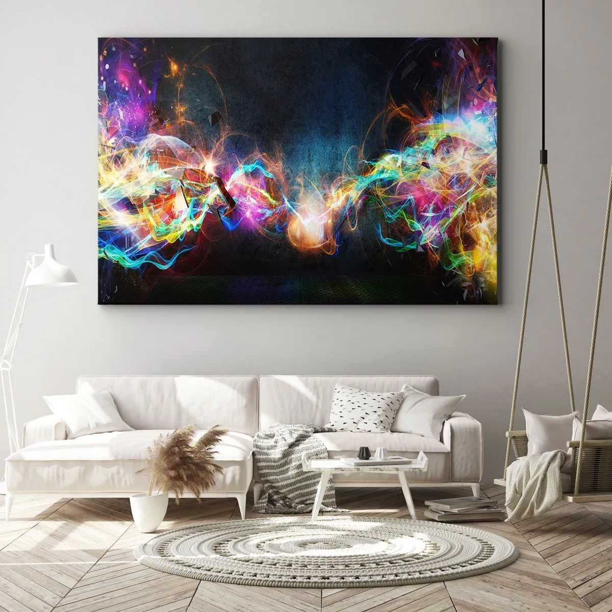 Impression sur toile - Image sur toile - Des éclairs de lumière colorés dans une composition abstraite - 70x50cm - Joyeusement contre l'obscurité - Décoration murale moderne pour le salon et la chambre ARTTOR