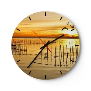 Horloge murale - Pendule murale - Coucher de soleil sur l'eau avec des oiseaux en vol - 30x30cm - À la pêche - Décoration murale moderne pour le salon, la cuisine et la chambre ARTTOR