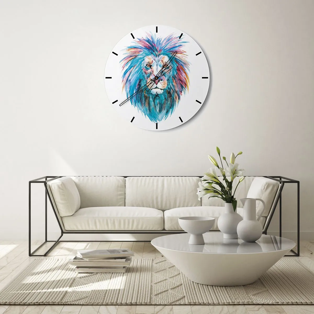 Horloge murale - Pendule murale - Tête de lion aquarelle en bleu et rose - 30x30cm - Aura électrique - Décoration murale moderne pour le salon, la cuisine et la chambre ARTTOR