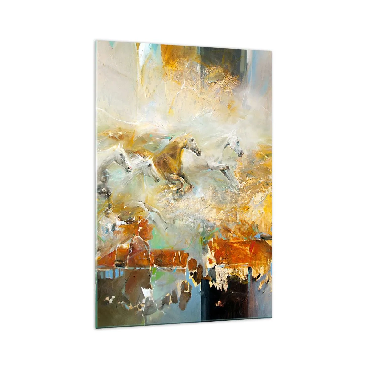 Impression sur verre - Image sur verre - Des chevaux artistiques dans un cadre dynamique et coloré - 70x100cm - Au galop vers la lumière - Décoration murale moderne pour le salon et la chambre ARTTOR