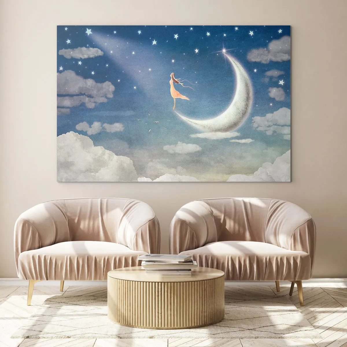 Impression sur verre - Image sur verre - Une femme dans une robe fluide debout sur la lune dans un ciel étoilé. - 100x70cm - Valise bleue - Décoration murale moderne pour le salon et la chambre ARTTOR