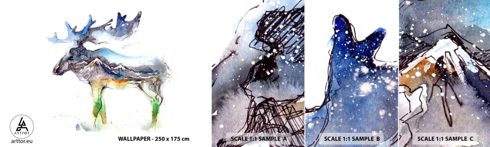 Échantillon de Papier Peint Autocollant Deluxe Sticker - Le héros d'un conte d'hiver - Abstraction, Élan, Montagnes - 100x30 cm