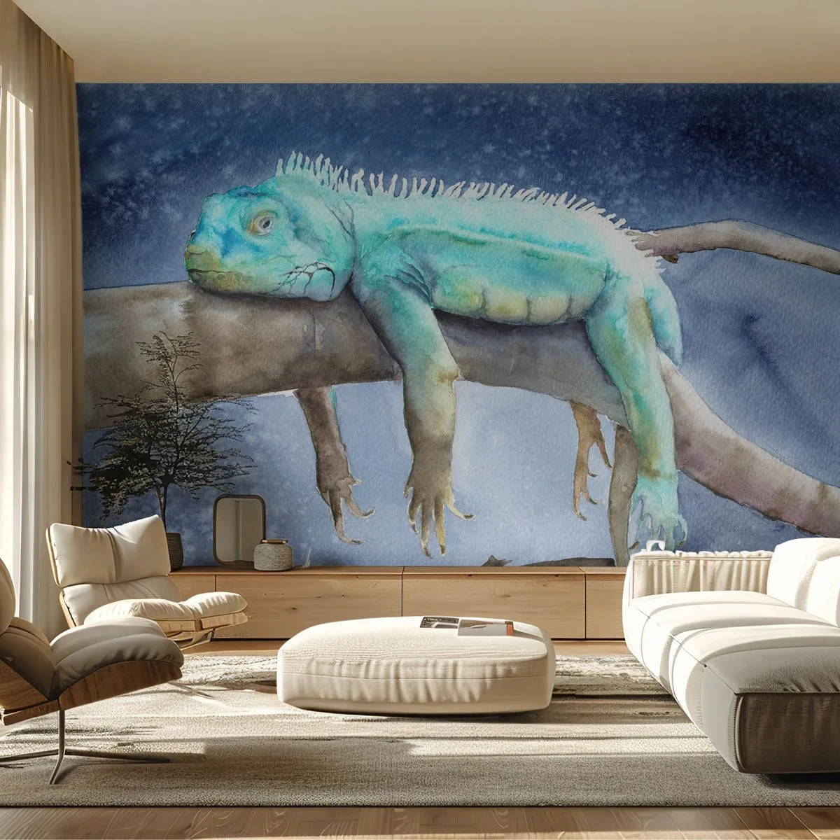 Papier Peint Photo Standard Eco - Iguane bleu reposant sur une branche - 100x70cm - Tout va bien! - Décoration murale moderne pour le salon et la chambre ARTTOR