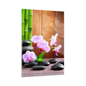 Impression sur verre - Image sur verre - Orchidées roses, bambou et pierres noires contre un mur en bois - 50x70cm - Rencontrez les plaisirs de l'est - Décoration murale moderne pour le salon et la chambre ARTTOR