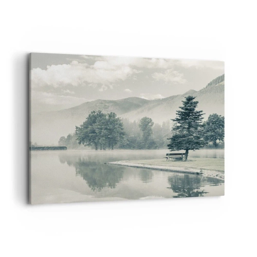 Impression sur toile - Image sur toile - Un lac pittoresque avec un banc et du brouillard en arrière-plan - 100x70cm - Le lac dort encore - Décoration murale moderne pour le salon et la chambre ARTTOR