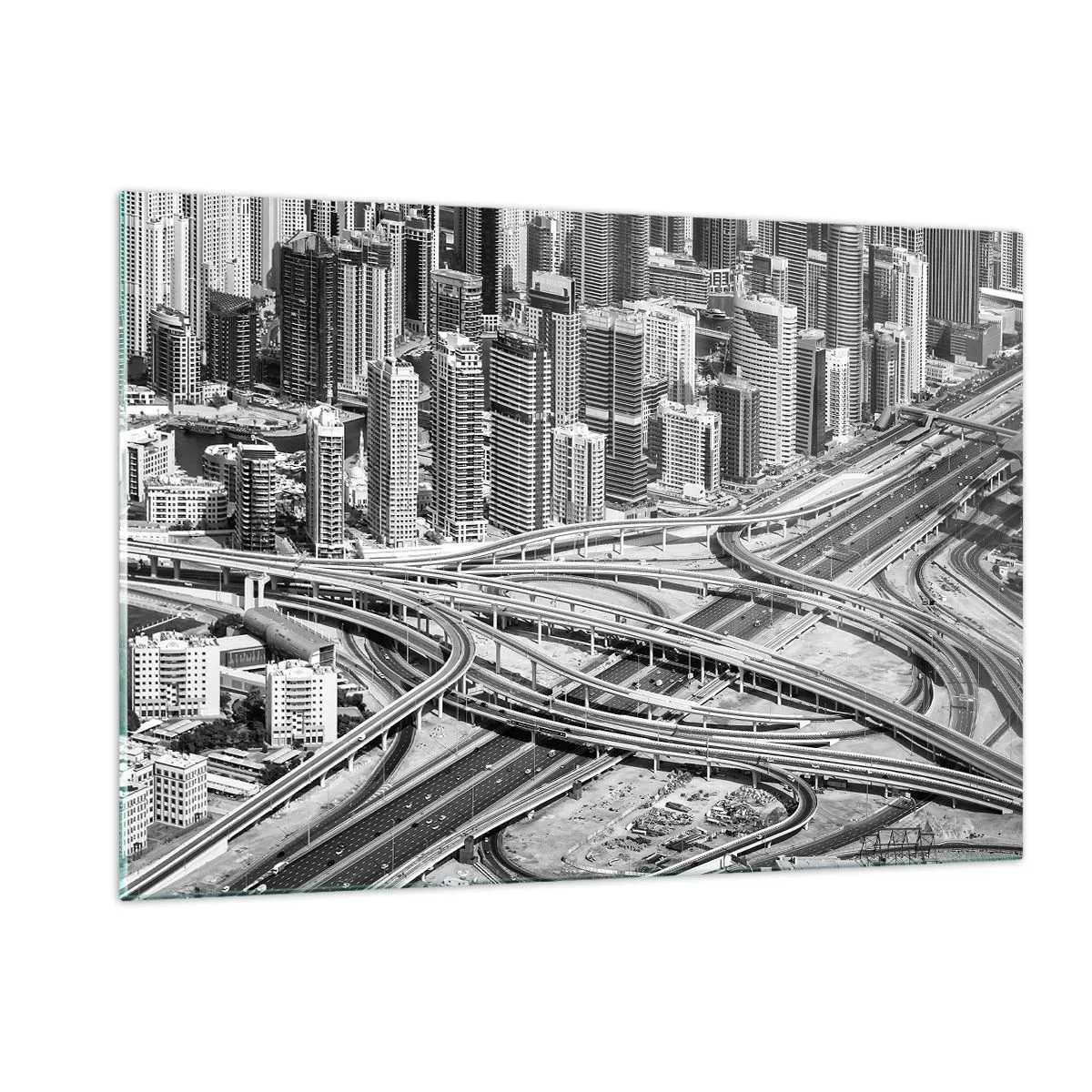Impression sur verre - Image sur verre - Panorama noir et blanc de la ville avec un carrefour autoroutier - 120x80cm - Dubaï - la ville impossible - Décoration murale moderne pour le salon et la chambre ARTTOR