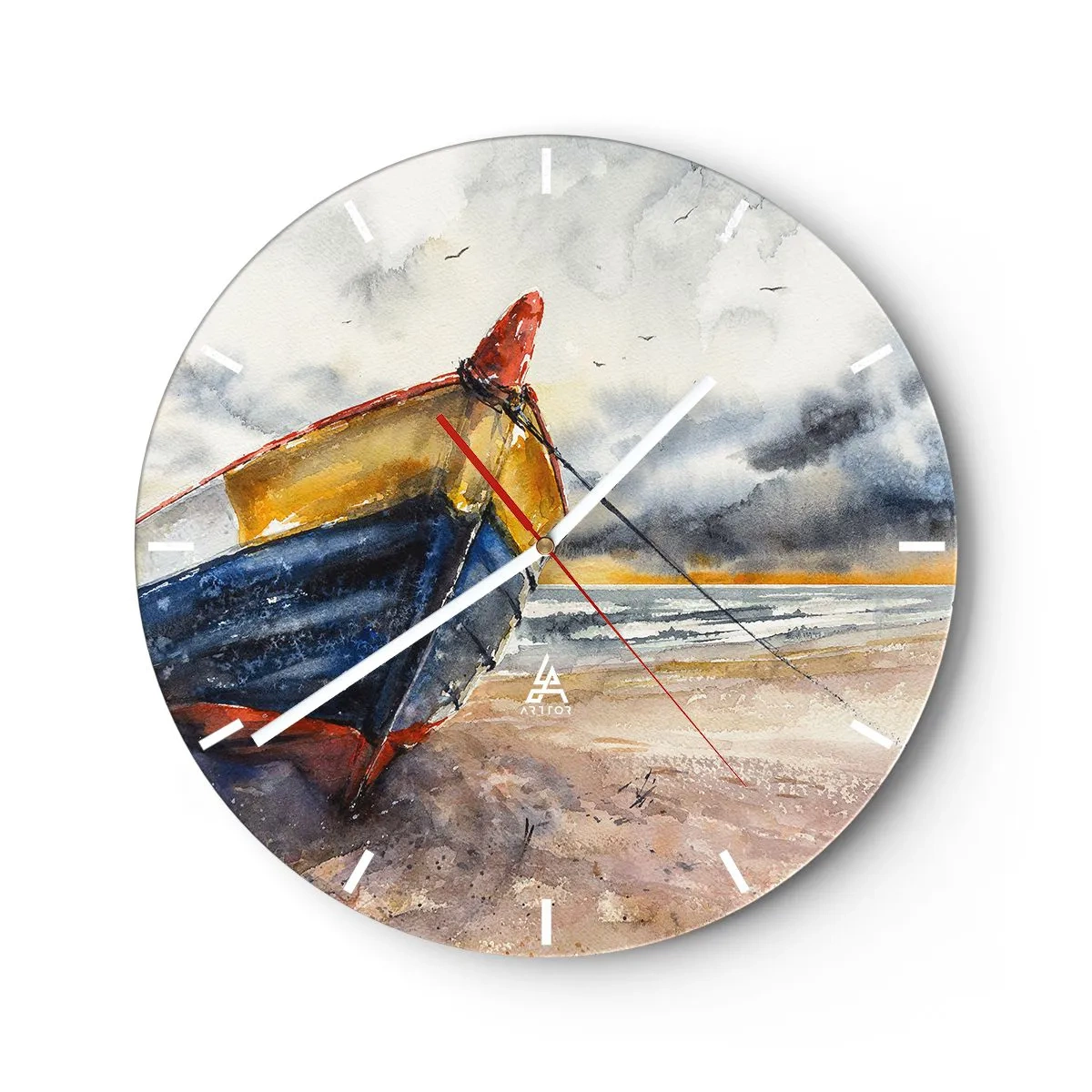 Horloge murale - Pendule murale - Un bateau coloré sur une plage de sable dans un style pictural - 30x30cm - Repos sur le rivage - Décoration murale moderne pour le salon, la cuisine et la chambre ARTTOR