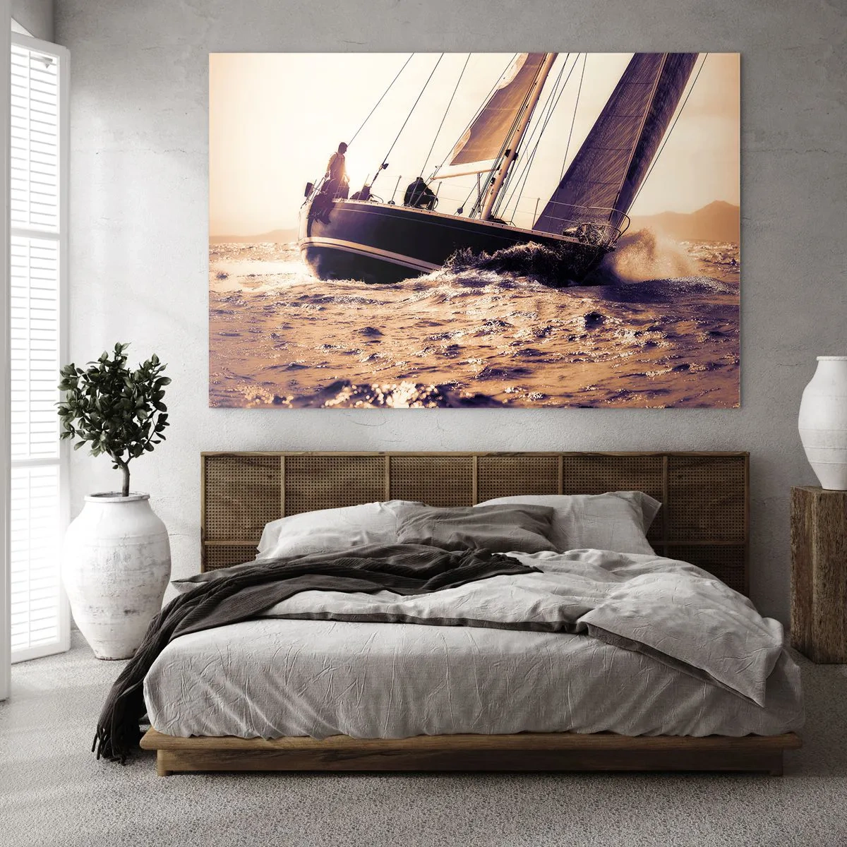 Impression sur verre - Image sur verre - Un voilier sur une mer agitée aux tons chauds - 100x70cm - Navigue, marin - Décoration murale moderne pour le salon et la chambre ARTTOR