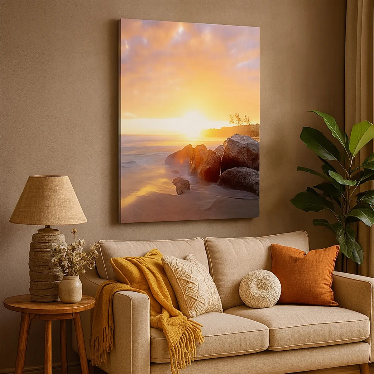 Impression sur toile - Image sur toile - Coucher de soleil sur la côte rocheuse - 50x70cm - Brise lumineuse du soir - Décoration murale moderne pour le salon et la chambre ARTTOR