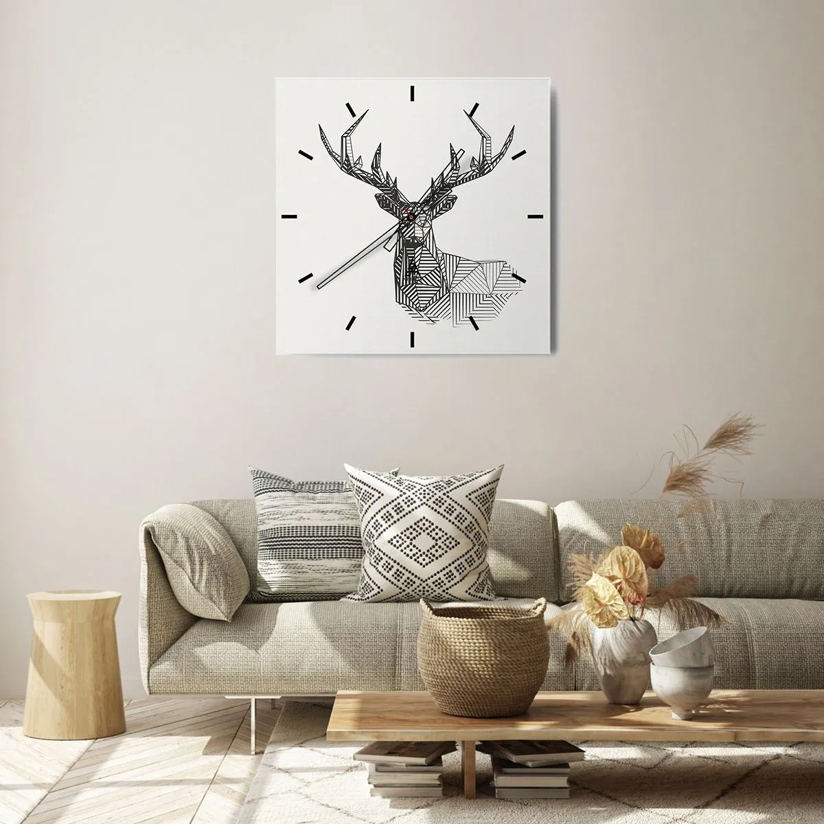 Horloge murale - Pendule murale - Image géométrique d'un cerf dans un style minimaliste en noir et blanc - 30x30cm - Cerf dans un style cubique - Décoration murale moderne pour le salon et la chambre ARTTOR