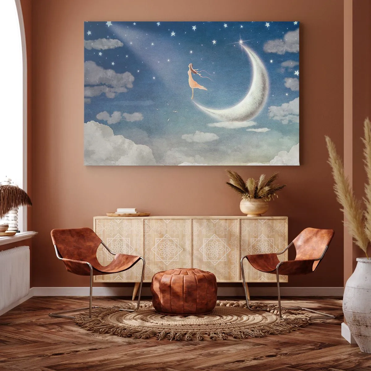 Impression sur toile - Image sur toile - Une femme dans la lune entourée d'étoiles et de nuages - 120x80cm - Valise bleue - Décoration murale moderne pour le salon et la chambre ARTTOR
