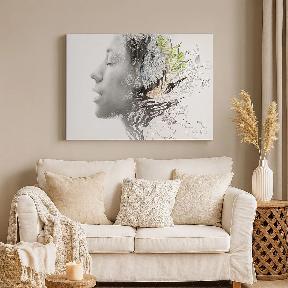 Impression sur toile - Image sur toile - Profil d'une femme dans un collage artistique de nature et de noirceur - 70x50cm - Immergé dans la nature - Décoration murale moderne pour le salon et la chambre ARTTOR
