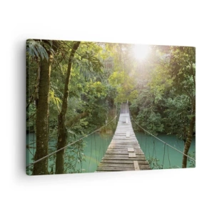 Impression sur toile - Image sur toile - Un pont suspendu dans une forêt tropicale illuminée par la lumière du soleil. - 70x50cm - De l'eau azur à la forêt azur - Décoration murale moderne pour le salon et la chambre ARTTOR