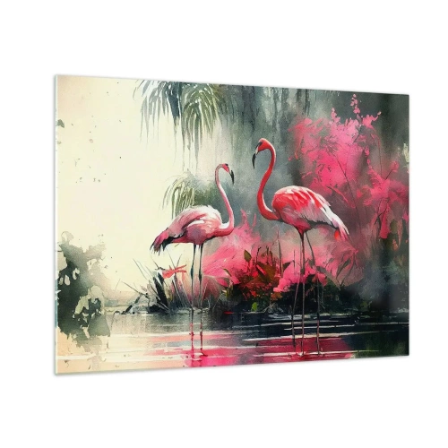 Impression sur verre - Image sur verre - Deux flamants roses dans un décor tropical au bord de l'eau - 70x50cm - Une leçon de grâce naturelle - Décoration murale moderne pour le salon et la chambre ARTTOR
