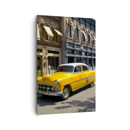 Impression sur toile - Image sur toile - Un taxi jaune dans une rue bordée d'immeubles - 80x120cm - Il y a longtemps en Amérique - Décoration murale moderne pour le salon et la chambre ARTTOR