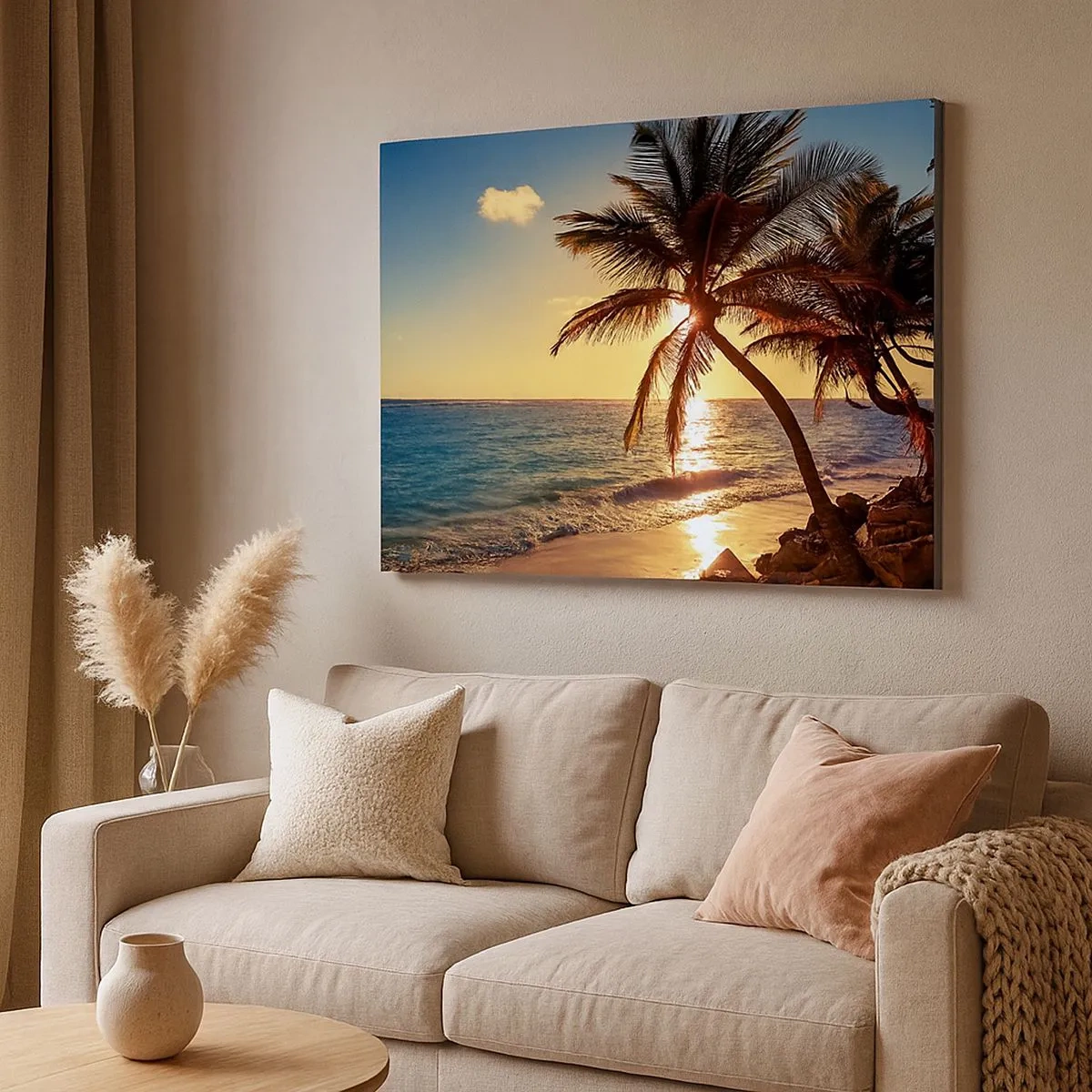 Impression sur toile - Image sur toile - Coucher de soleil tropical sur une plage avec des palmiers - 70x50cm - L'été sous les palmiers - Décoration murale moderne pour le salon et la chambre ARTTOR