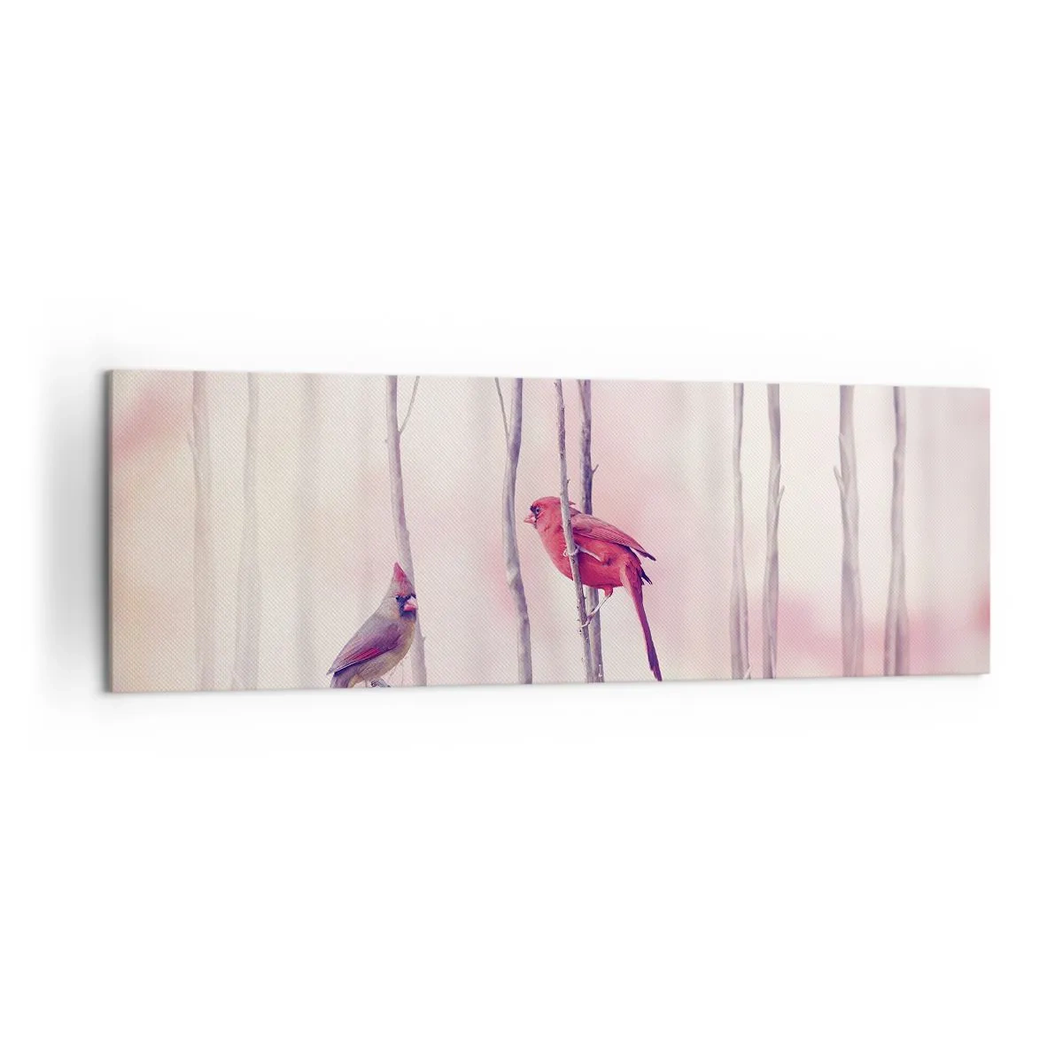 Impression sur toile - Image sur toile - Un couple de cardinaux perchés sur des branches dans un paysage pastel - 160x50cm - Conte de la forêt rose - Décoration murale moderne pour le salon et la chambre ARTTOR
