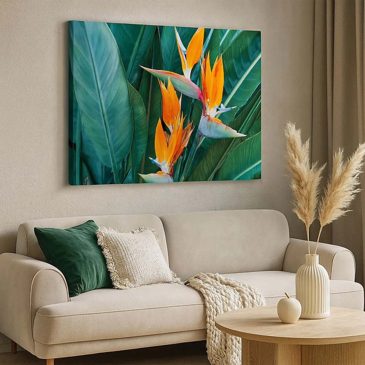 Impression sur toile - Image sur toile - Fleurs de strelitzia exotiques entourées de feuilles vertes - 70x50cm - Est-ce une fleur, est-ce un oiseaux? - Décoration murale moderne pour le salon et la chambre ARTTOR