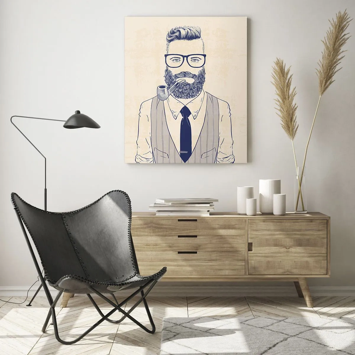 Impression sur verre - Image sur verre - Homme stylisé avec une barbe, une pipe et des lunettes - 80x120cm - Gai, masculin et à la mode - Décoration murale moderne pour le salon et la chambre ARTTOR