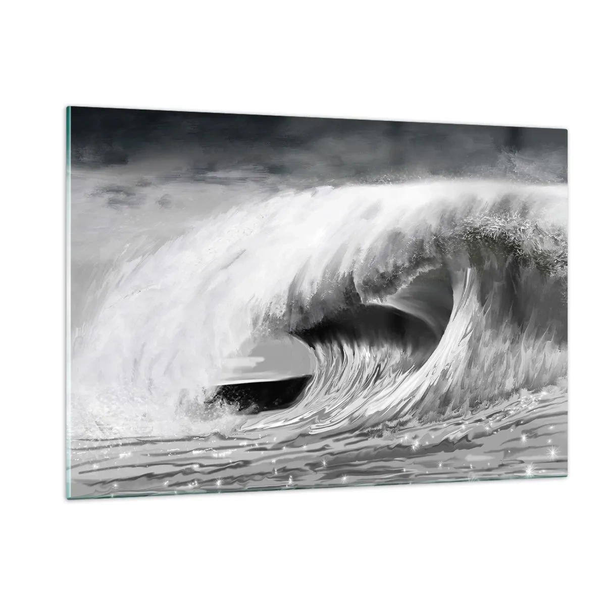 Impression sur verre - Image sur verre - Une vague puissante capturée dans une esthétique en noir et blanc - 120x80cm - La colère de l'océan - Décoration murale moderne pour le salon et la chambre ARTTOR