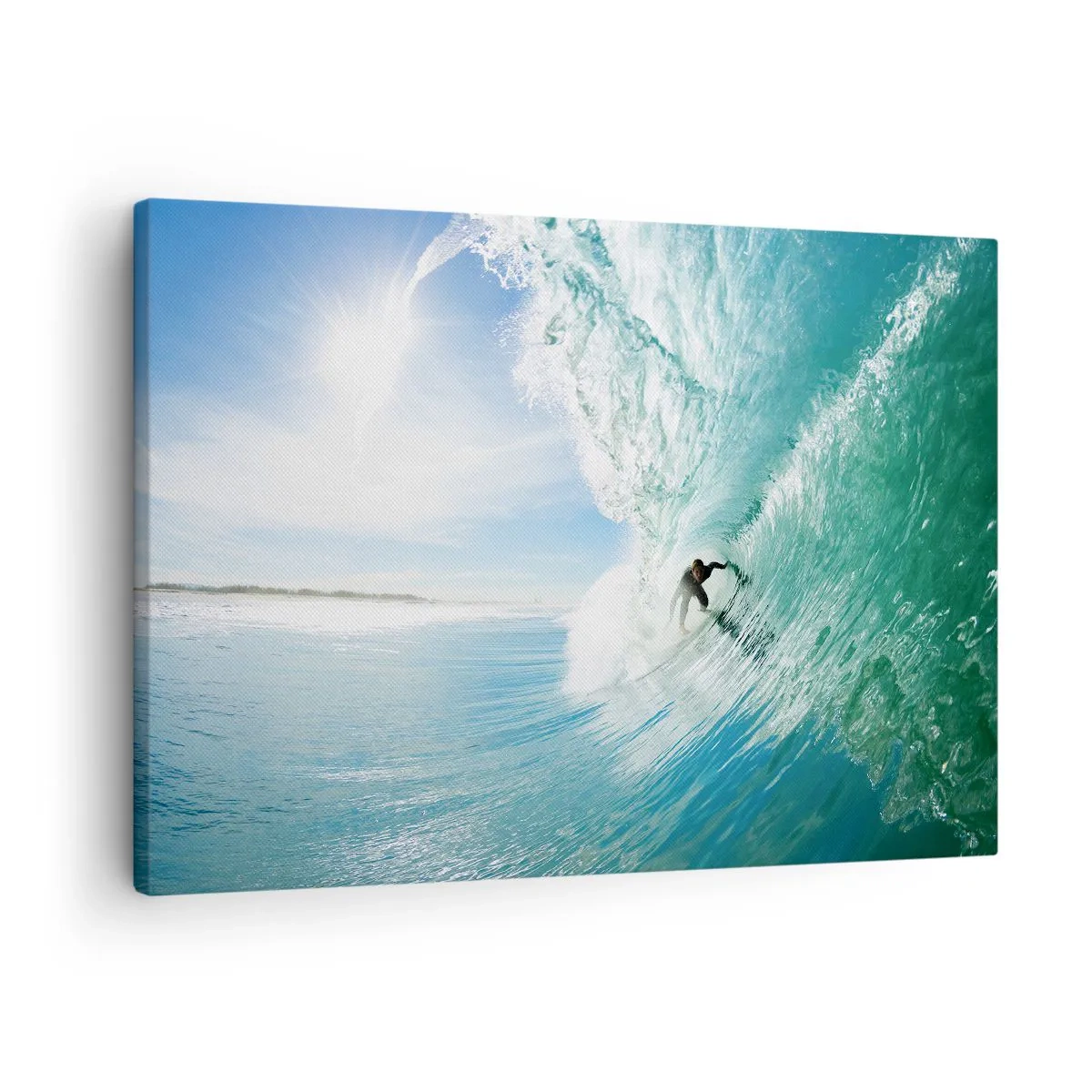 Impression sur toile - Image sur toile - Un surfeur chevauchant une vague au soleil contre un ciel bleu - 70x50cm - Toujours sur la vague - Décoration murale moderne pour le salon et la chambre ARTTOR
